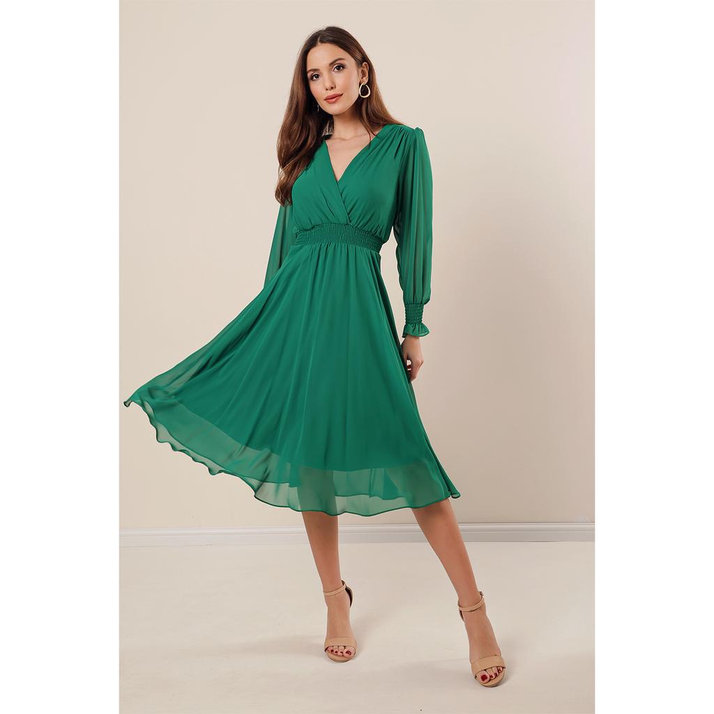 Double Breasted Collar Lined Waist And Sleeve Ends Gipe Lined Chiffon Dress