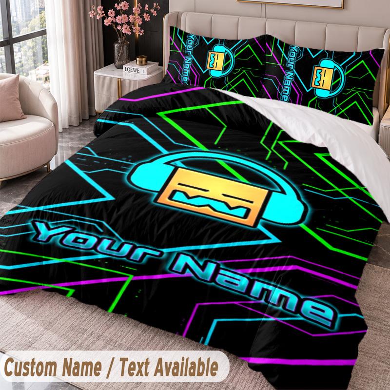 Custom Name Text 3Pcs Bedding Set Geometry Dash Duvet Cover And Two Pillowcases