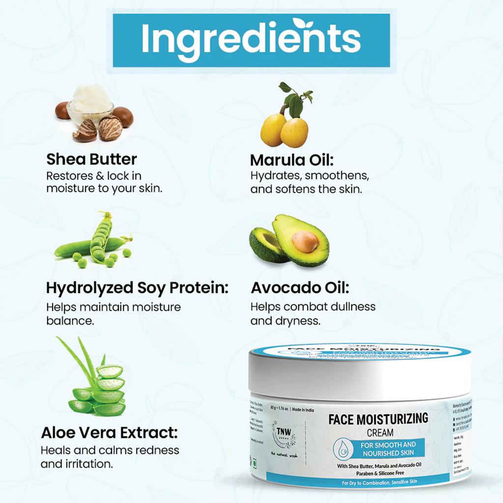 TNW-THE NATURAL WASH Face Moisturizing Cream with Shea Butter, Marula Oil, and Avocado Oil | For Dry to Combination, Sensitive Skin, 50g