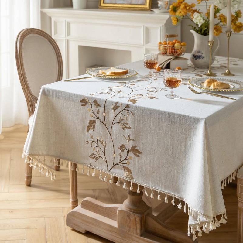 Waterproof Fabric Tablecloth Linen Blend Fresh Nordic Style Embroidered Rectangular Dining Table Coffee Cover