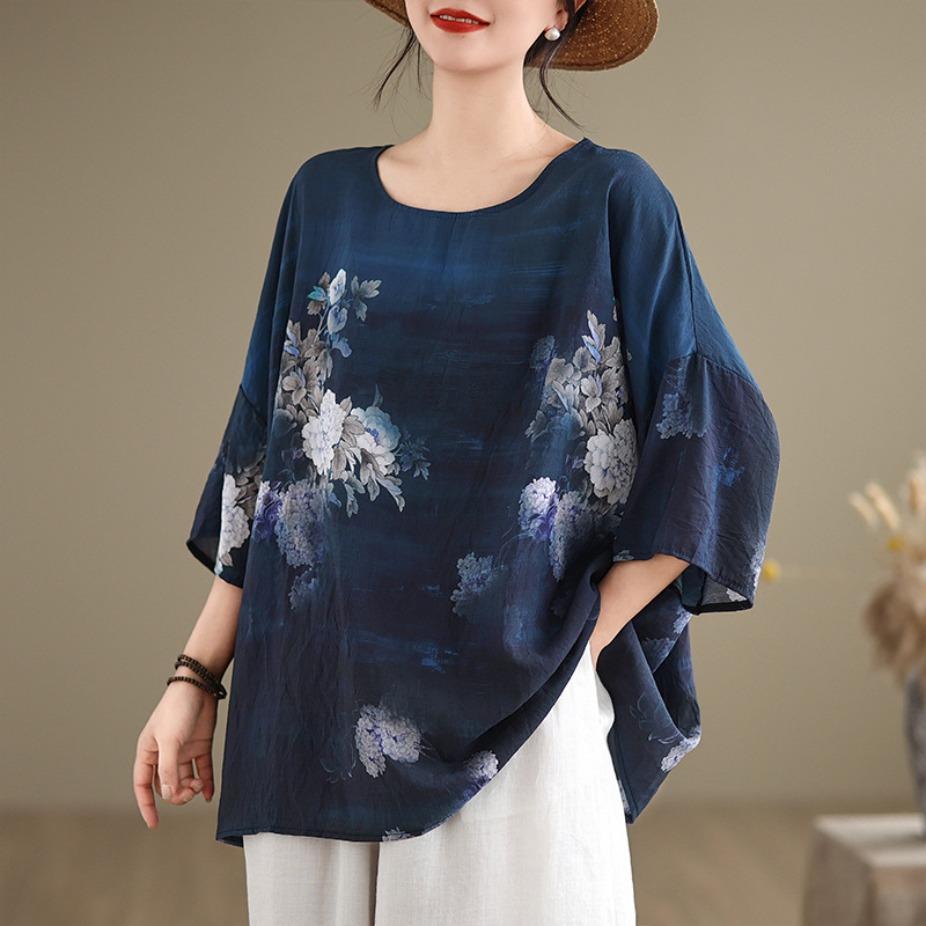 Summer Hemp Cotton Blouse Ethnic Style Bat Sleeve Loose Oversized Round Neck T-shirt Casual Comfortable for Women