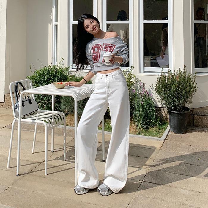 

Белые брюки палаццо женские весенние прямые брюки женские весенние с высокой талией свободные скрывающие бедра и стройнящие широкие джинсы женские L