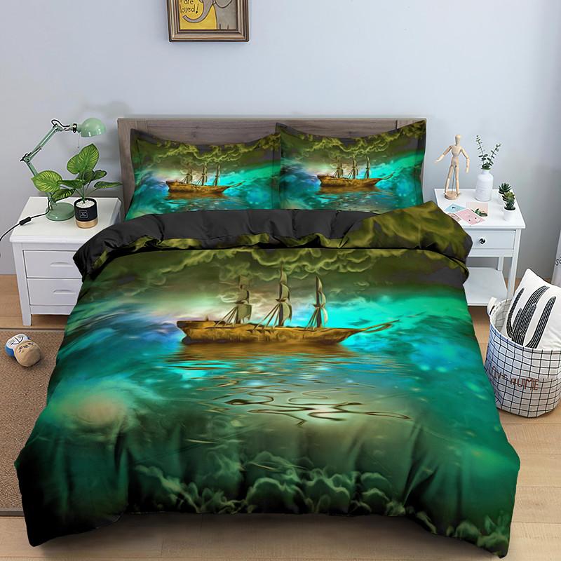Nautisk Segelbåt Påslakan Queen King Size 3D Oljemålning Båtstil Sängkläder Set Ocean Mjuk 2/3 Delar Polyester Täcke Överdrag