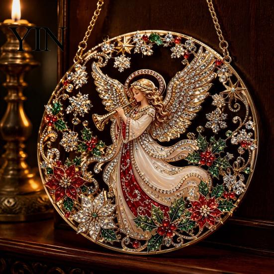 Holiday Art Decoration Christmas Faux Diamond Ornament Kit, Santa Angel Sun Catcher DIY Acrylic Detailed Printed Symbol Design Round Board,