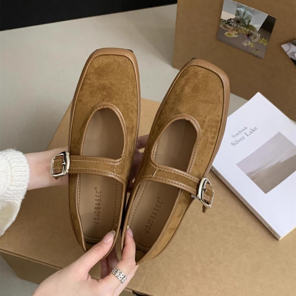 French retro suede ballet single shoes women's 2025 autumn new Korean version one-word strap flat Mary Jane women's shoes
