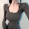 Spring Square Collar Long Sleeve Casual T-shirt Women Fashion Autumn Solid Base Women's T Shirt Tops Elegant High Elastic Slim Pullover Tee New 26011