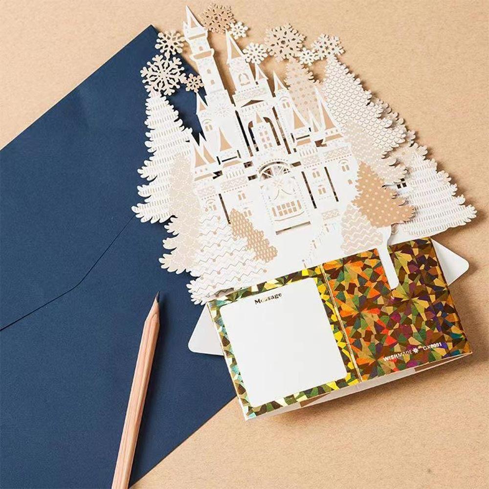 Paper Christmas 3D Greeting Card with Envelope Gold Plated Merry Christmas Blessing Cards Craft Pop Up Paper Carving Postcard