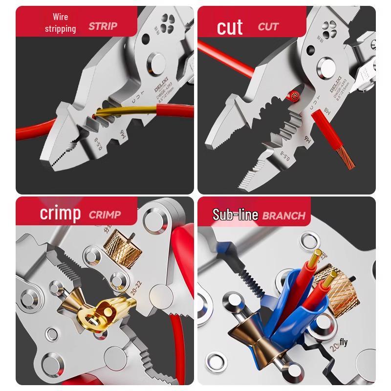 Delixi 16-in-1 Multifunctional Wire Stripper Pliers: Folding Buckle for Stripping, Separating, Winding, Crimping, and Cutting.