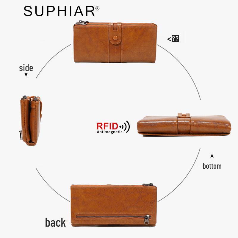 2025 RFID-Blocking Anti-Magnetic Women's Retro Oil Wax Leather Clutch/Long Wallet.