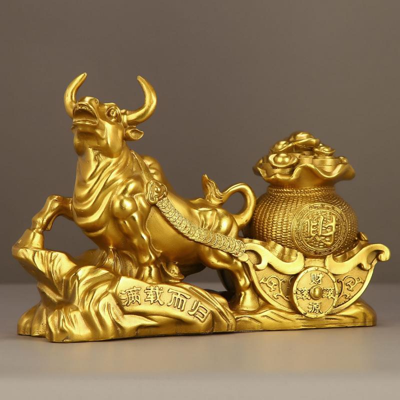 Pure Copper Ox Pulling Treasure Basin Ornament Golden Ox Bringing Wealth Ox Pulling Cart Zodiac Ox Living Room Office Decoration