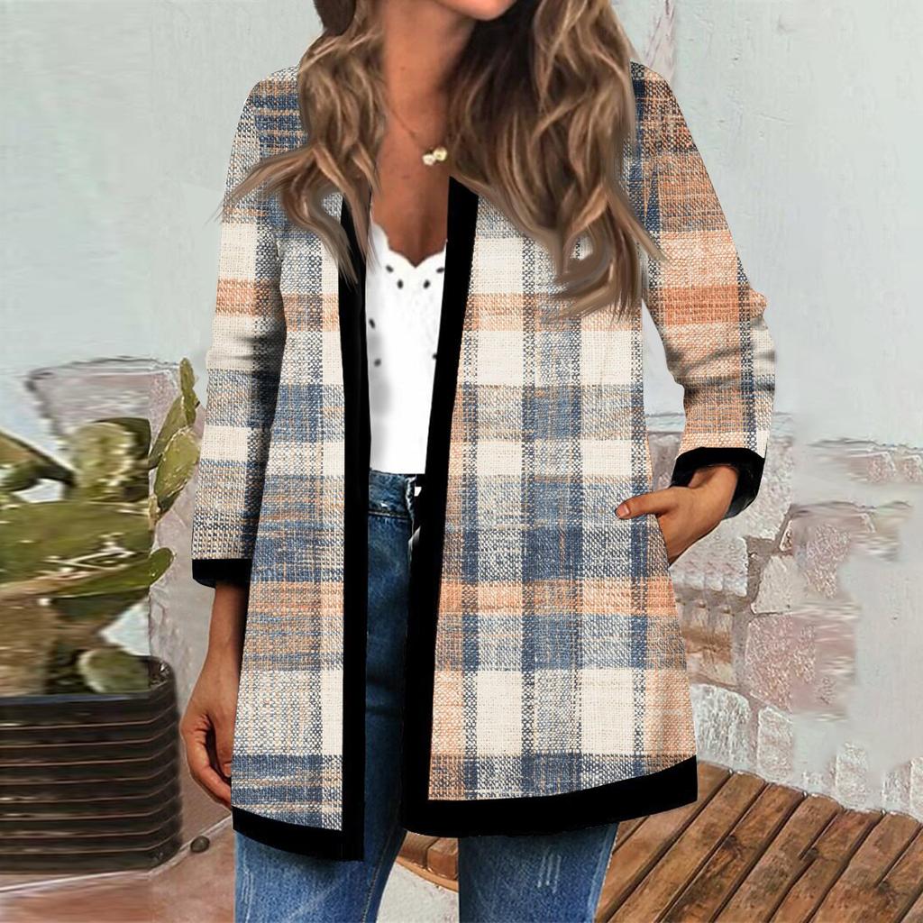 Langärmlige schwarze Patchwork-Strickjacke mit Convention-Print für Damen im Herbst- und Winterstil