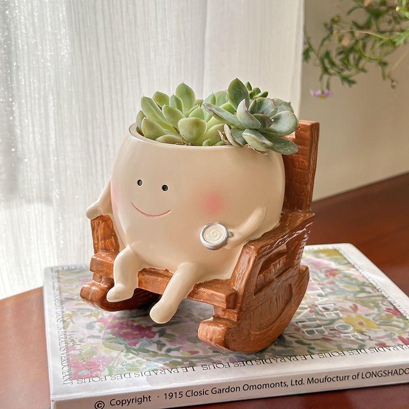 1PC Cute Ceramic Succulent Pot – Smiling Rocking Chair Style Mini Planter for Home Garden Decor