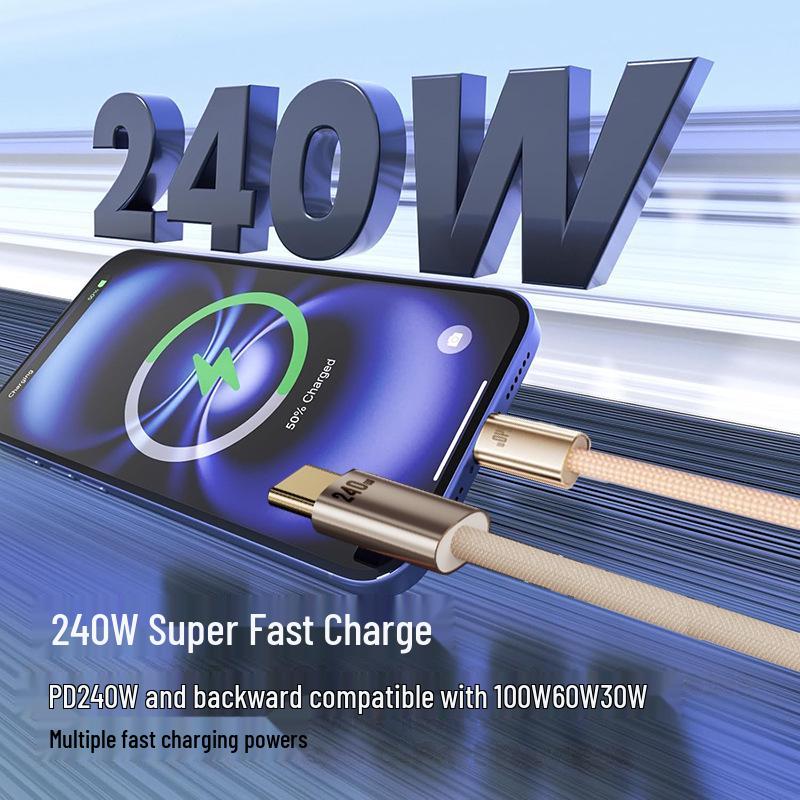 240W Braided Dual Type-C Fast Charging Cable for Apple, Huawei, Xiaomi, and Android Devices