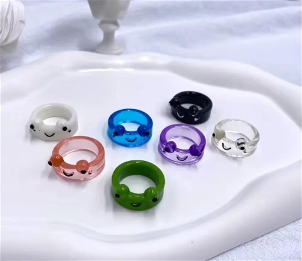 Cute Smile Frog Transparent Rings for Women Girls Funny Personality Wholesale Cartoon Animal Kawaii Ring Fashion Jewelry Gifts