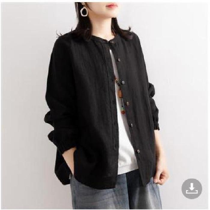 Spring Autumn Women's Cotton Linen Shirt Long Sleeved Loose Round Neck Shirt Casual Jacket with Closed Sleeves Top