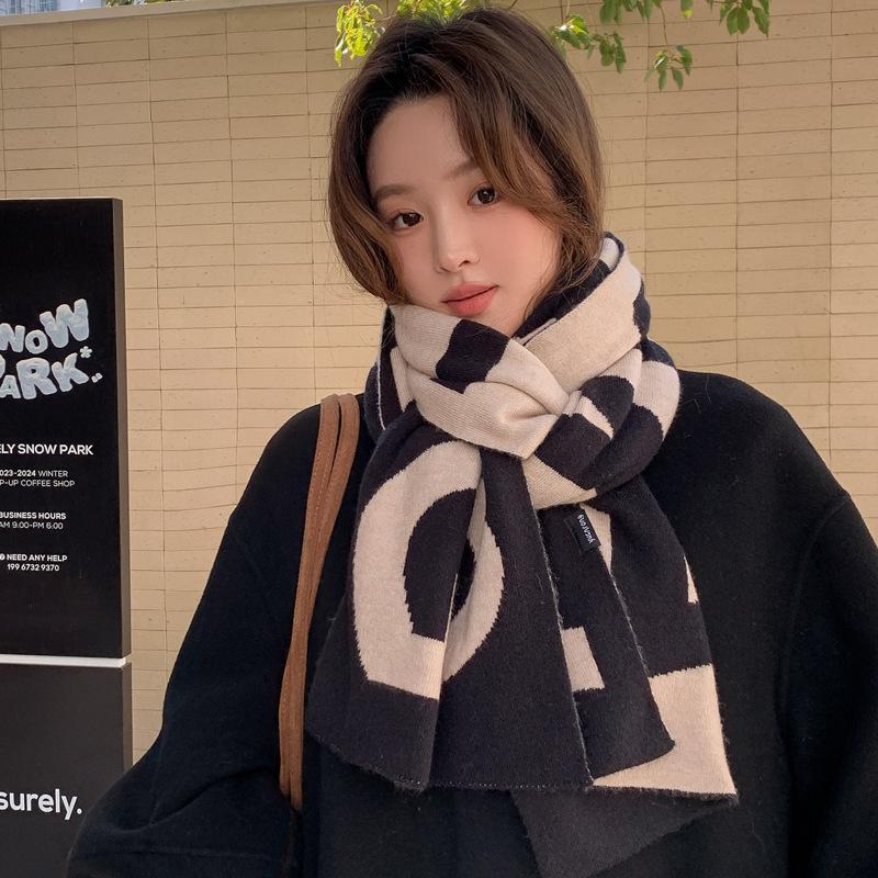New knitted scarf women's winter versatile college style letter imitation rabbit fur couple scarf