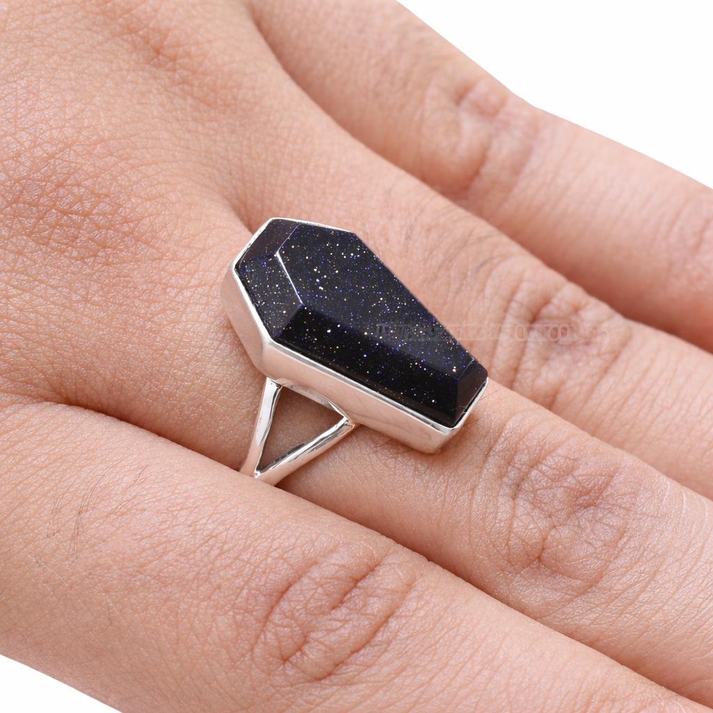 Blue Goldstone Coffin Ring Sterling Silver 925, Sparkly Night Sky Gemstone Ring, Handmade Boho Gothic Statement Ring