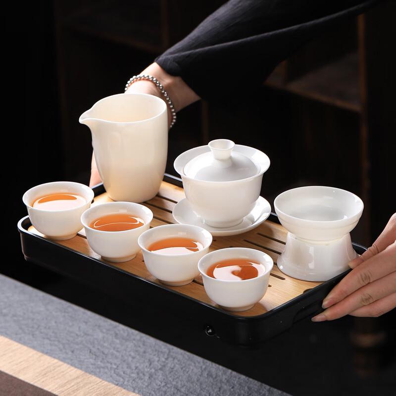 GOWKE Mutton Fat Jade White Porcelain Gaiwan Travel Tea Set