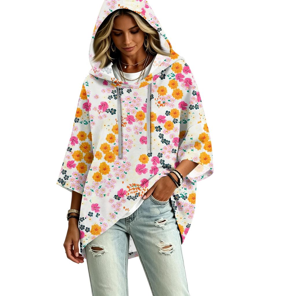 Women's Vintage Floral Print Hooded Pullover Top with Three-Quarter Sleeves for Casual Everyday Wear