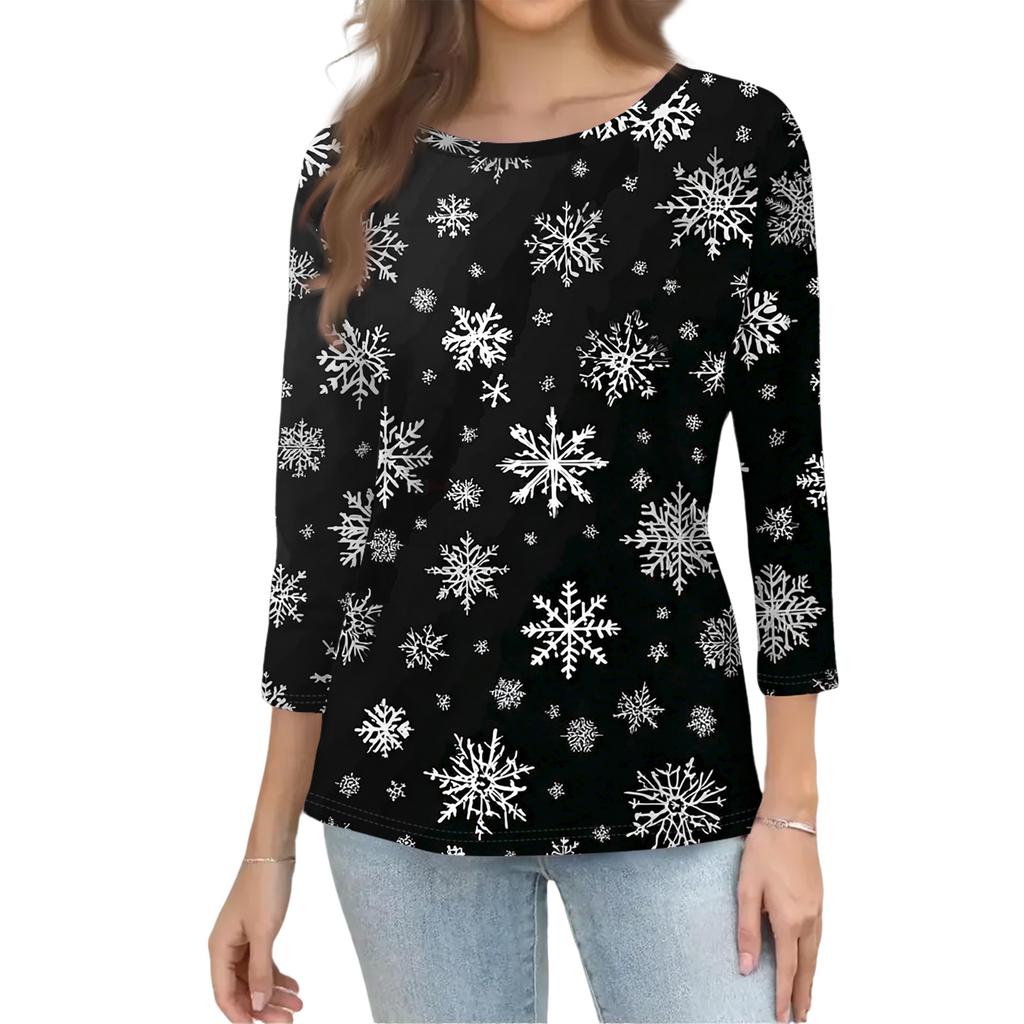 Women's Fashion Casual Christmas Tree Printed Round Neck Three-Quarter Sleeve T-Shirt Top