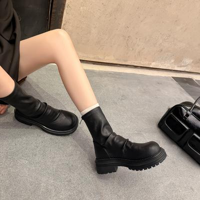Martin Boots Women's Autumn and Winter Velvet Inner Heightening Fold Elastic Thin Boots Rear Zipper Versatile Thin Short Boots