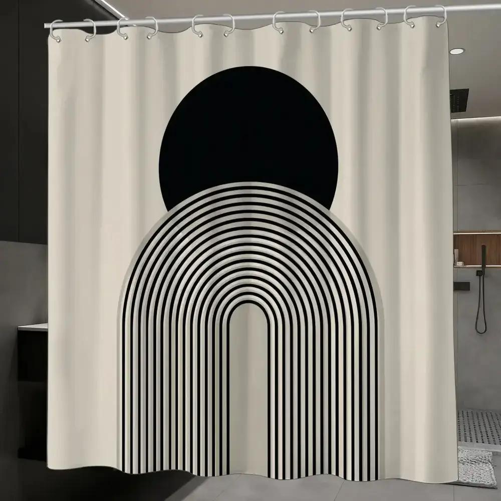 

Minimalist Abstract Shower Curtain – Black Oval & Striped Arch Design, 12 Hooks, 70.87×70.87 Waterproof Bath Decor W60H190(CM)-1 Pcs