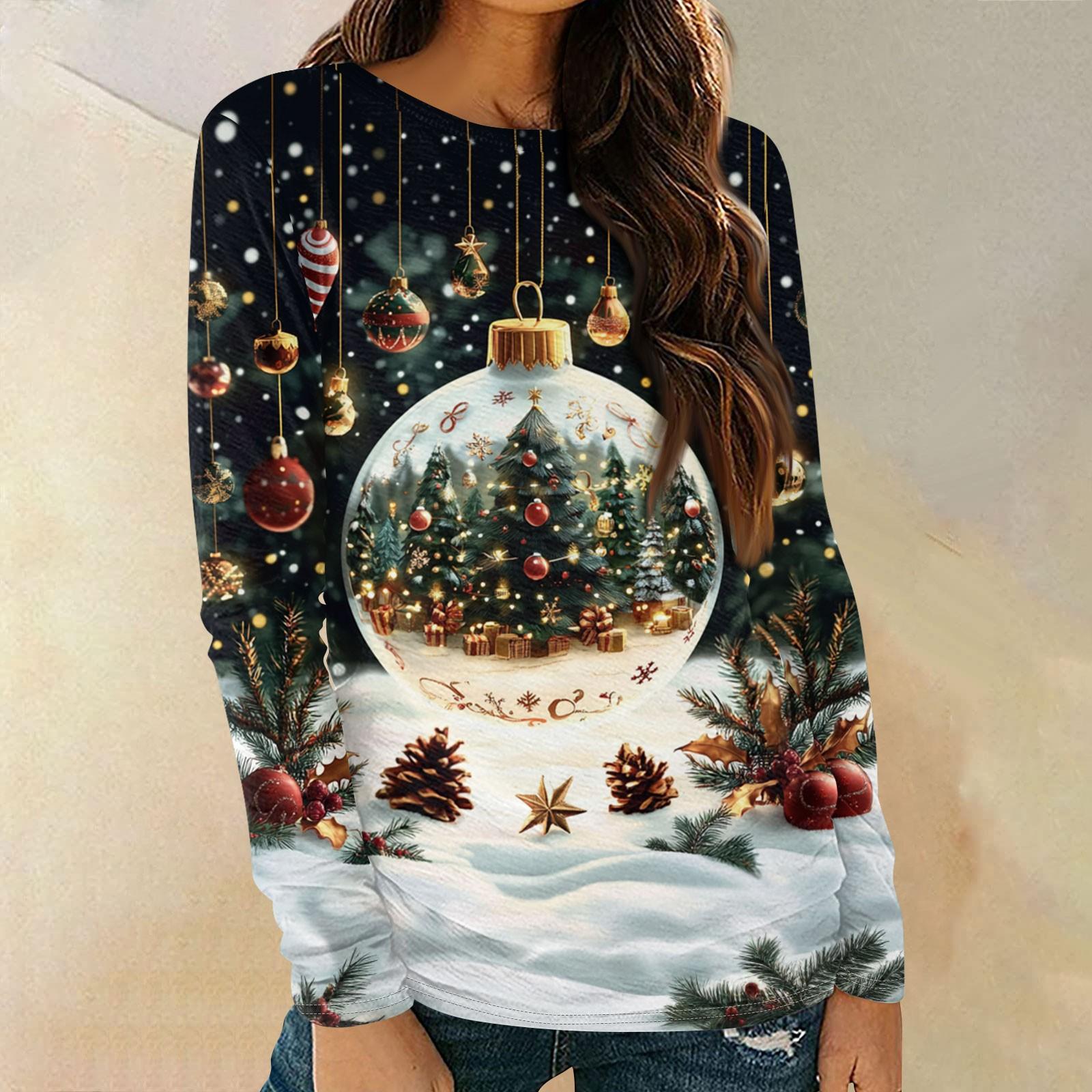 

Женские рубашки с длинным рукавом и круглым вырезом, повседневные топы, туники с рождественским принтом, свободные футболки L чёрный