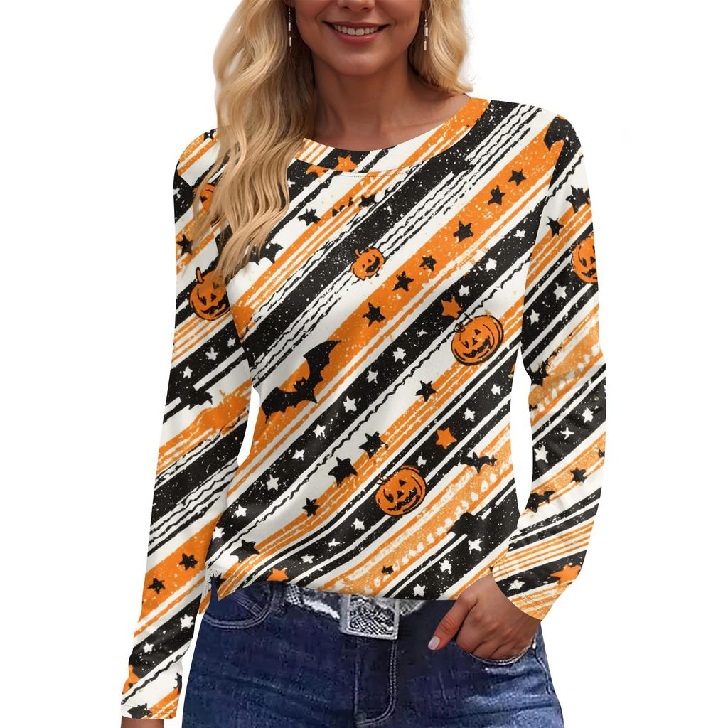 Women's Long Sleeve Halloween Print Top Split Hem Round Neck Casual Pullover Shirt with Festive Graphic Design for Seasonal Wear