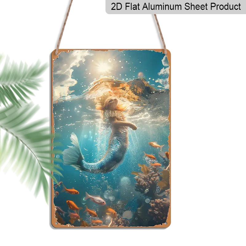 2D Flat, 1pc 7.87*11.8 Inch Vintage Mermaid & Sea Life Aluminum Sign - Enchanting Underwater Scene with Iridescent Wings, Shimmering Scales & Fish