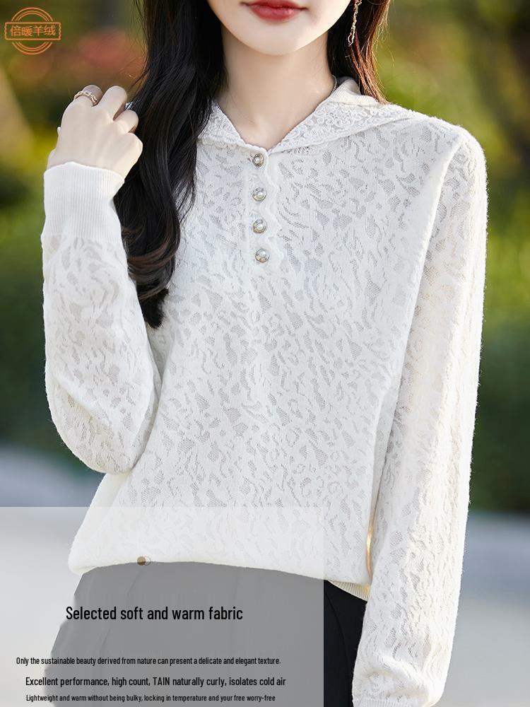 Women's French-Style Lace Fine-Knit Wool Hooded Sweater