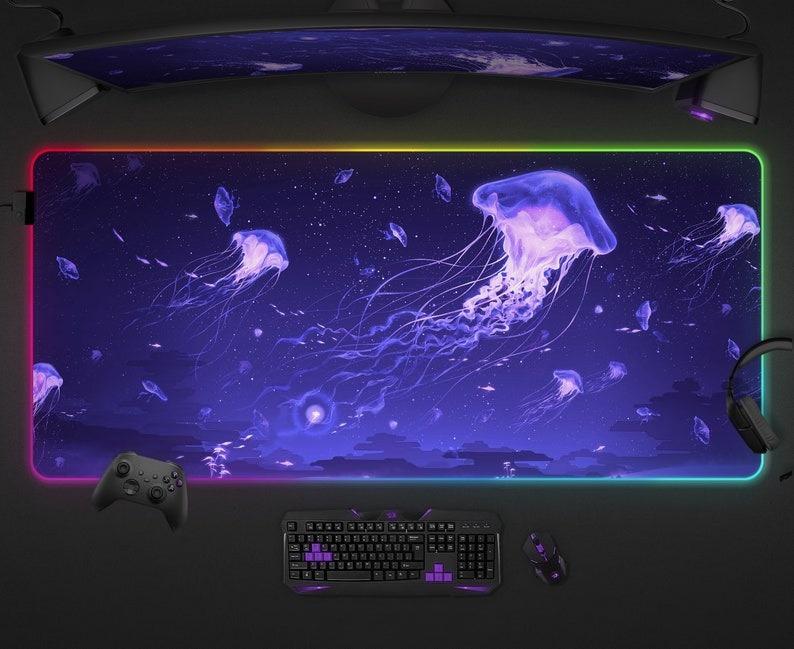 Jellyfish Desk Mat Anime Aesthetic Mouse Pad Space Ocean Purple XXL Large Gaming Deskmat Rgb Led Light Glow Big Long Mousepad