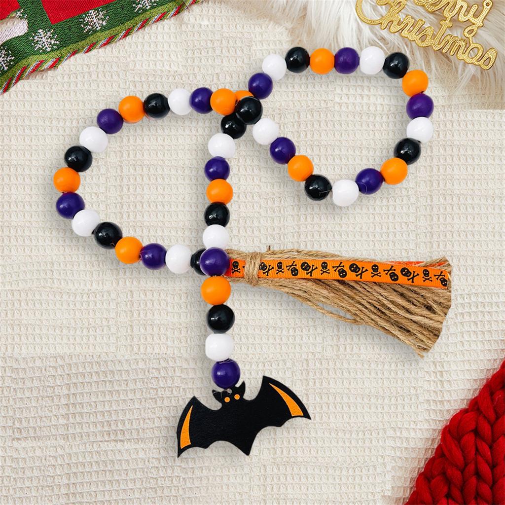 Spooky Halloween Wooden Beads Garland with Tassel and Pumpkin Skeleton Tag Tiered Tray Decor for Festive Home Party Supplies