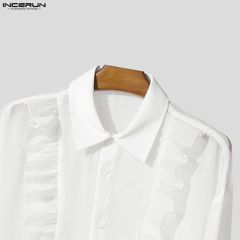 INCERUN Oversized Men Lapel Neck Long Sleeve Ruffled See Through Transparent Party Club Loose Shirts