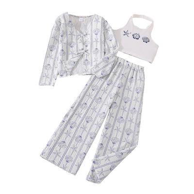 Meisjes Outfit Kinderkleding Herfst Nieuw Stijlvol Schelp Zeester Print Lange Mouw Vest Halter Vest Lange Broek