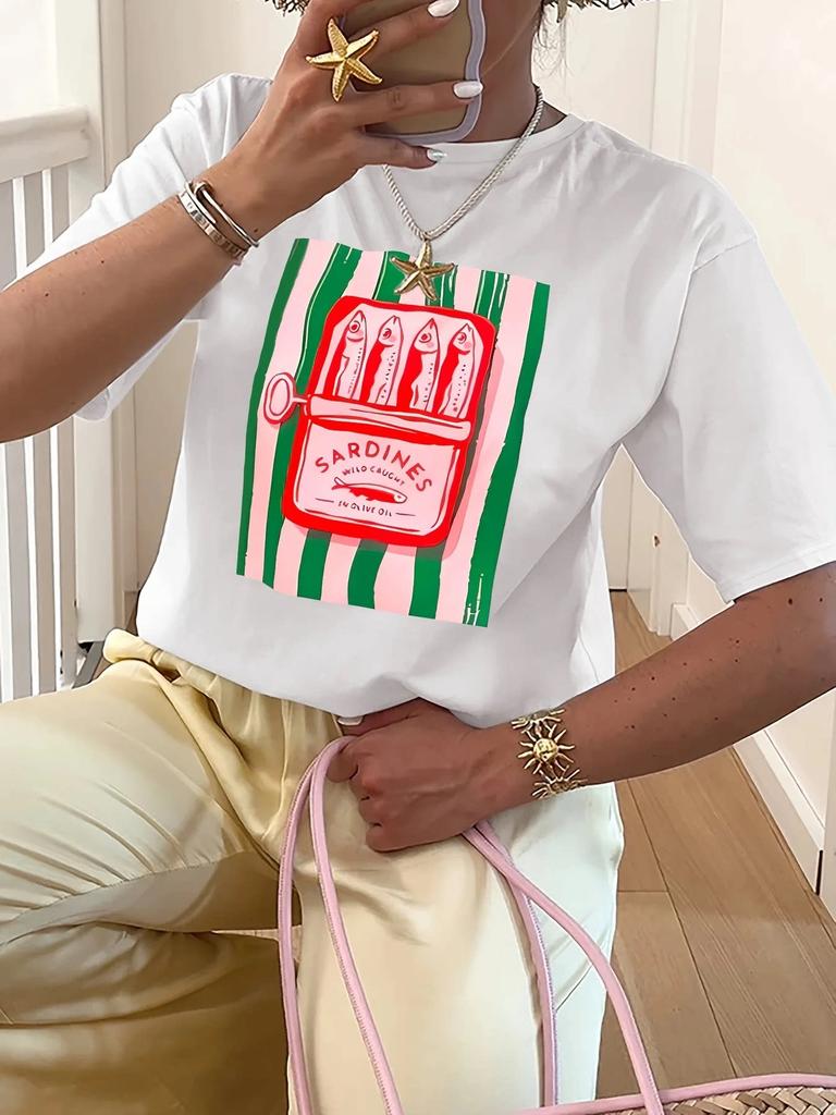 Sardine Pattern T Shirt Retro Food Art Graphic Tee Unisex Quirky Aesthetic Tops Summer Casual American Streetwear