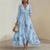 Frühling Sommer Damen Elegantes Kleid Sexy V-Ausschnitt Print Langarm Großer Schwing Saum A-Linie Urlaubs-Kleid Damen Maxikleider Kleidung