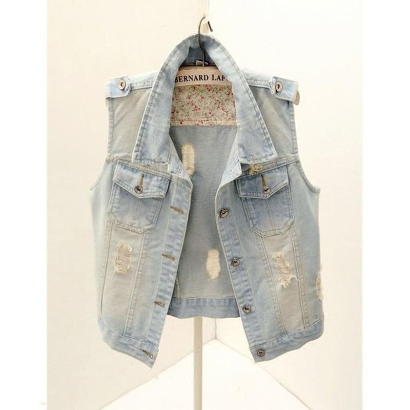 Große Größe Ärmellose Slim Hole Jeansjacke Westen Casual Tops Einreihige Damen Jeansjacke Weste Kurze Oberbekleidung