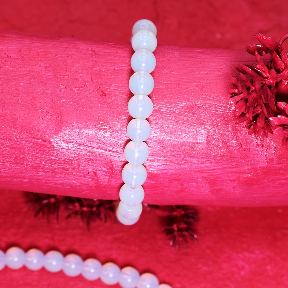 77.40 Ct Certified Milky White & Blue Opalite Bracelet 24 Round Beads Party Wear my-429-sa