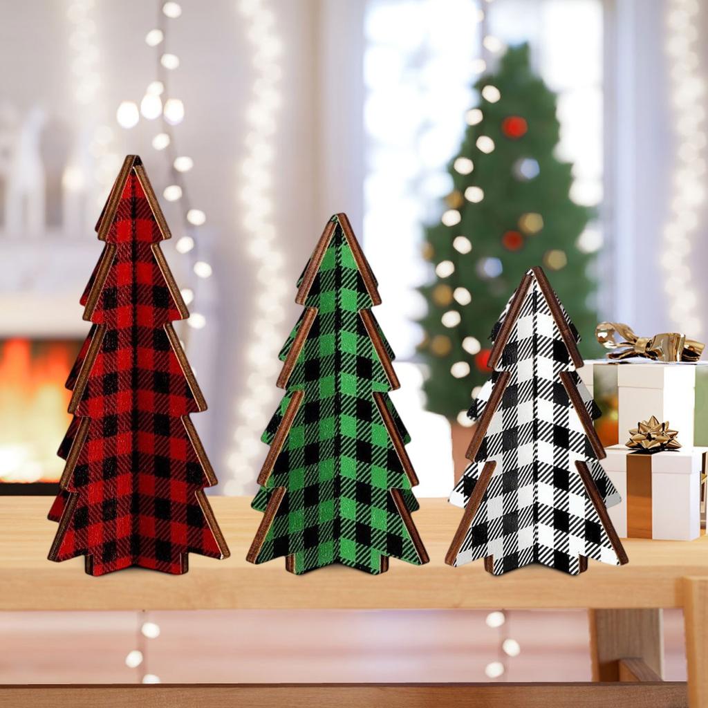3 Pieces Christmas Decor Plaid Christmas Tree Decorations Set Of, 3D Wooden Tabletop Trees, 5.5 Inch Height, Holiday Home Decor (Plaid Style)