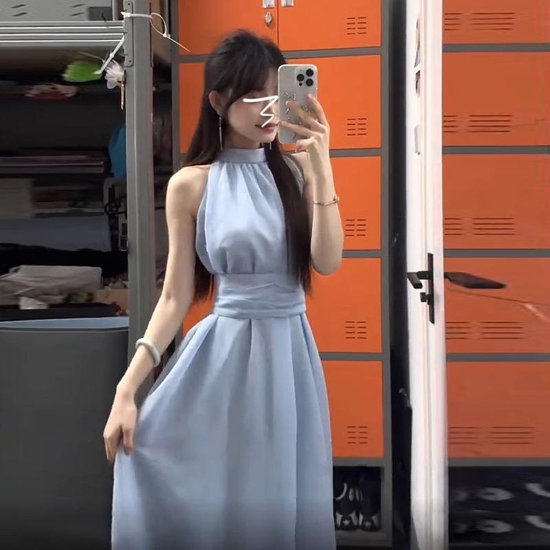 Sleeveless neck dress children's spring new seaside vacation design temperament waist dress