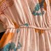Herbst Vintage Frauen Floral Bedruckte Patchwork Lange Kleid Elegante V-ausschnitt Puff Ärmel Aushöhlen Saum Urlaub Strand Vestidos Neue
