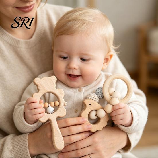 Beech Wood Baby Toy 1 Pair Wooden Rattle with Bell Beads Hedgehog Rabbit Elephant Bird Bead Teething Grip Ring Newborn Boys Girls Early Education