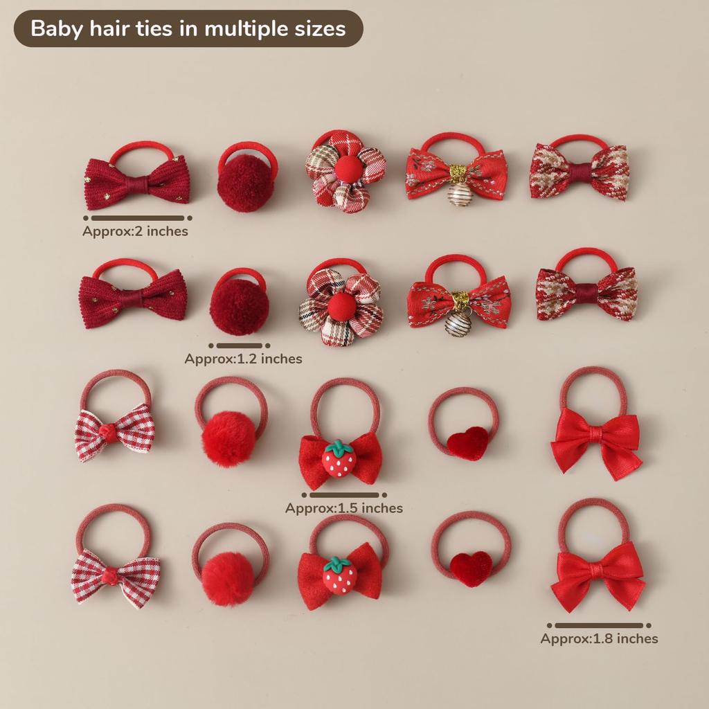 Toddler Hair Ties for Girls 20 PCS Baby Bow Elastic Nylon Scrunchies Kids Christmas Hair Accessories Ponytail Holders Hairbands - Red