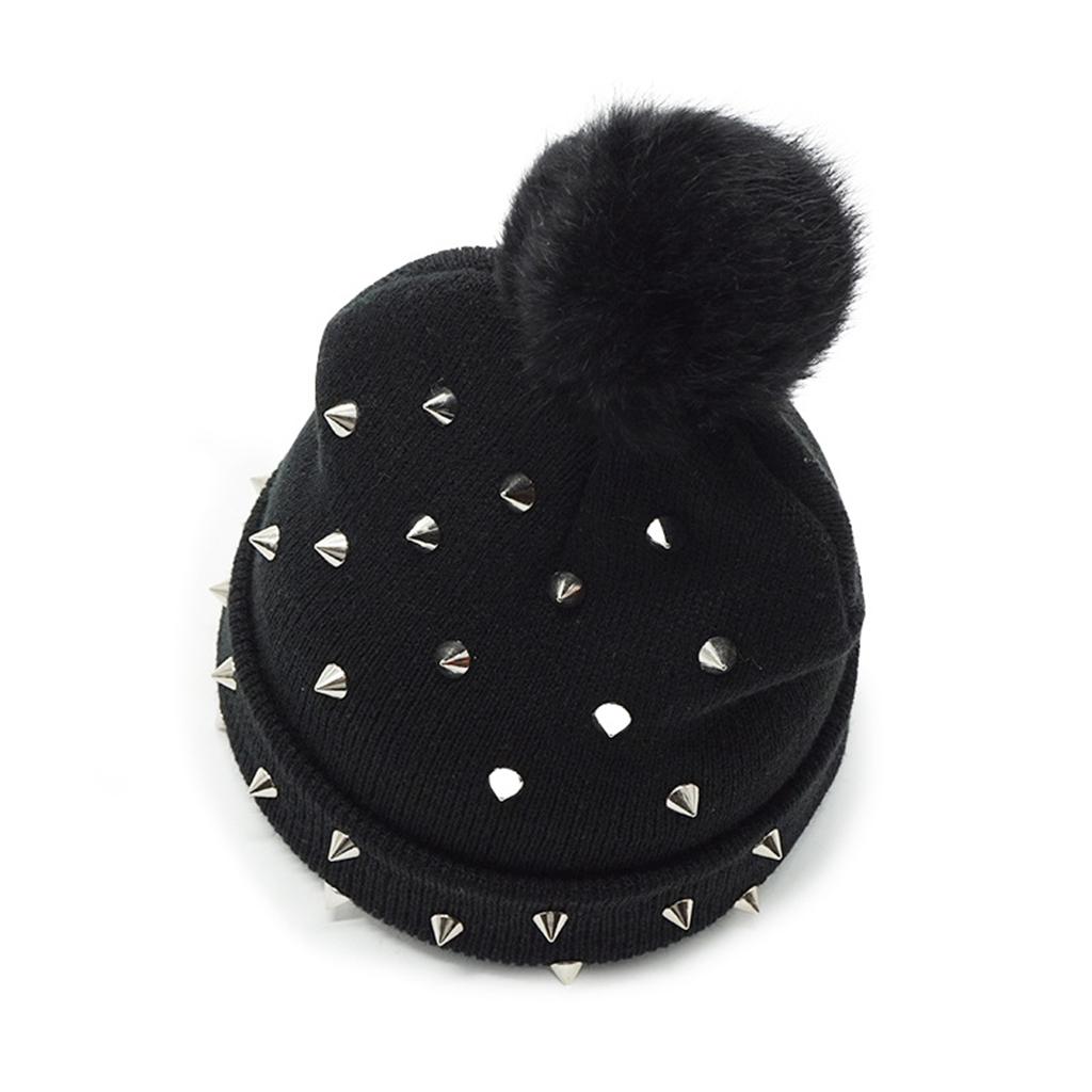 Black Soft Punk Knitted Beanie Warm Hat Winter 18x35cm for Women and Girls