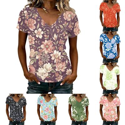Damen V-Ausschnitt Kurzarm Blumenprint Lässiges T-Shirt Oberteil Weich Leicht Bequem Locker Sitzende Bluse für den Alltag
