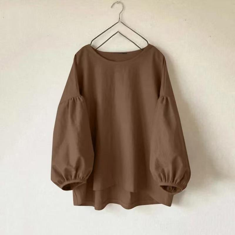 Damen Rundhals Langarm Locker Geschnitten Bluse Lässig Laternenärmel Einfarbig Vintage Oberteil