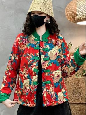 Northeast Floral Cotton Jacket: Women's Ethnic Winter Outerwear with Velvet Lining & Chinese Frog Buttons.