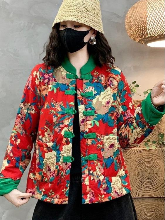 Northeast Floral Cotton Jacket: Women's Ethnic Winter Outerwear with Velvet Lining & Chinese Frog Buttons.