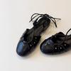Niche Version~ Summer New Rivet Hollow Cross Strap Bag Head Shoes Women's Retro Shallow Mouth Low Heel Soft Leather Sandals