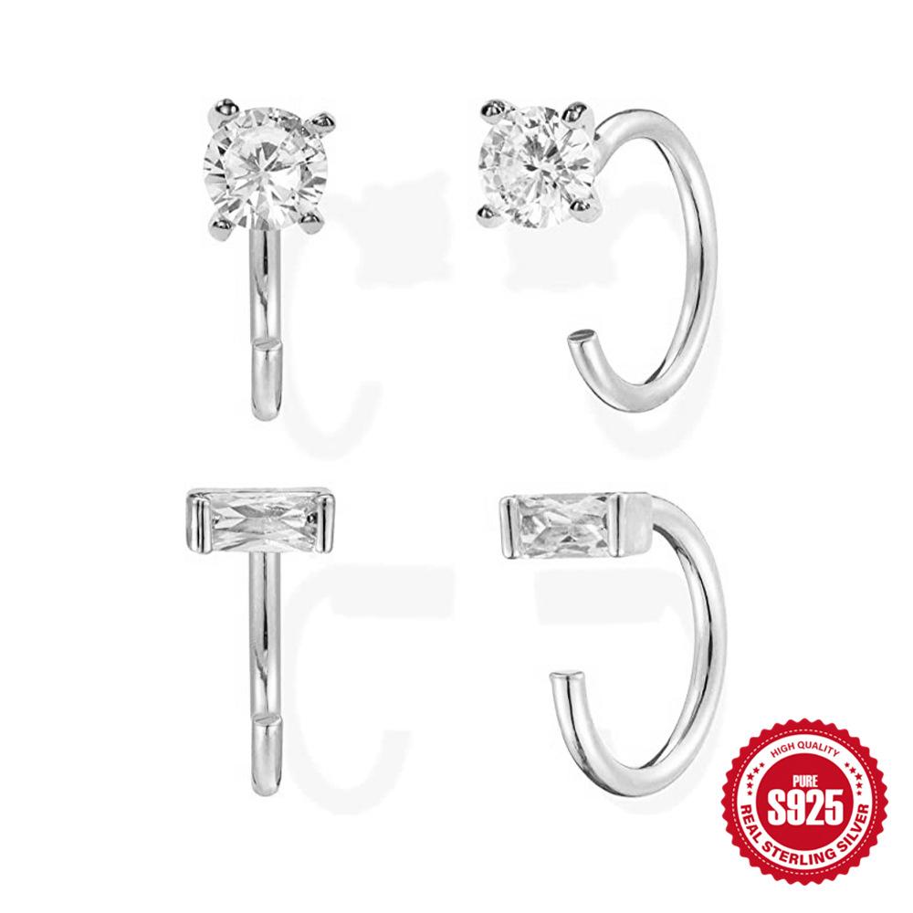 2 Pairs Of 1 Sets Of Simple Ins Wind S925 Sterling Silver Temperament Versatile Classic Diamond-Set C-Shaped Earrings 925 silver